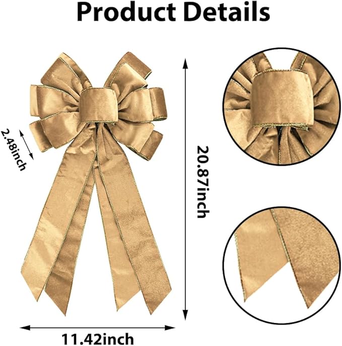 Vintage Champagne Wreath Bow - 20 * 11in Golden Edged Velvet Tree Topper Ornament for Xmas Winter Home Decor