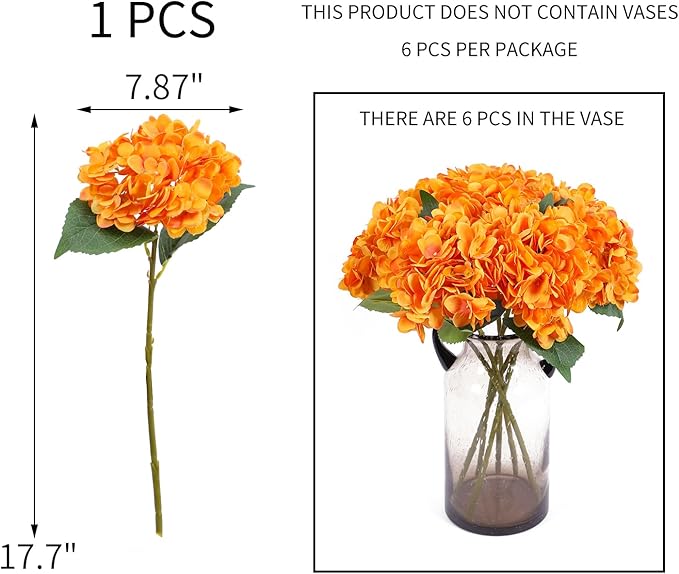 Kimura's Cabin 6pcs Artificial Silk Hydrangea Flowers with Stems Fake Hydrangea Bouquet for Home Table Centerpieces Wedding Party Halloween Decoration (Orange Yellow)