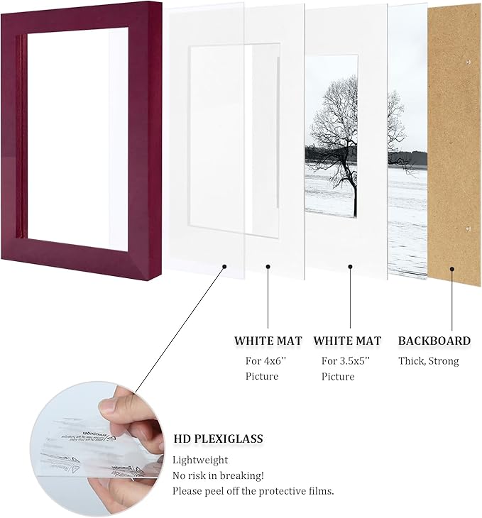 Egofine 4x6 Frames Set of 4, Made of Solid Wood Covered by Plexiglass 3x4.5 and 3.5x5 with Mat or 4x6 without Mat, for Table Top Display and Wall Mounting Photo Frame, Cherry Red