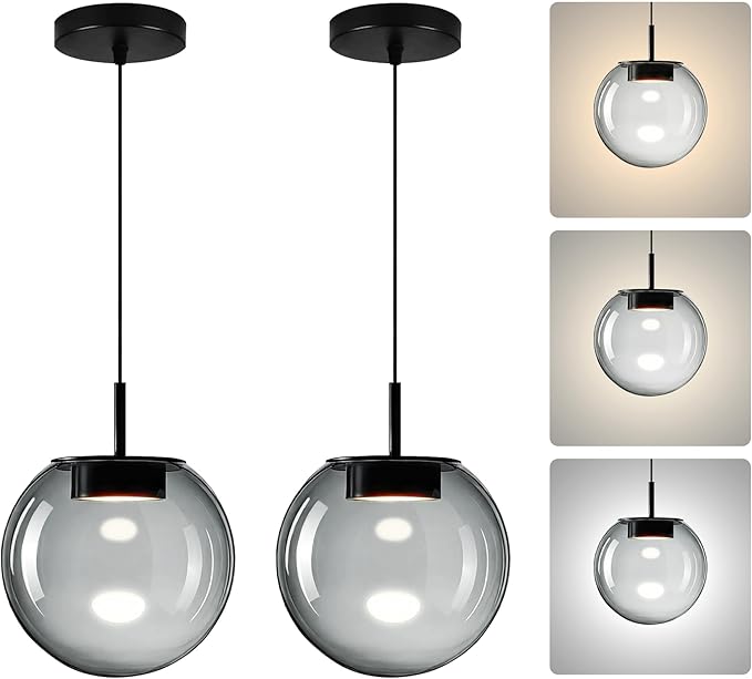 Advanced 3CCT Smoke Glass Pendant Light, Built-in LED Panel for Ultra-Even, Glare-Free Lighting, Modern Design and Stylist Fixture for Kitchen Island, Dining Table and Bedside(7.9in, 2-Pack)