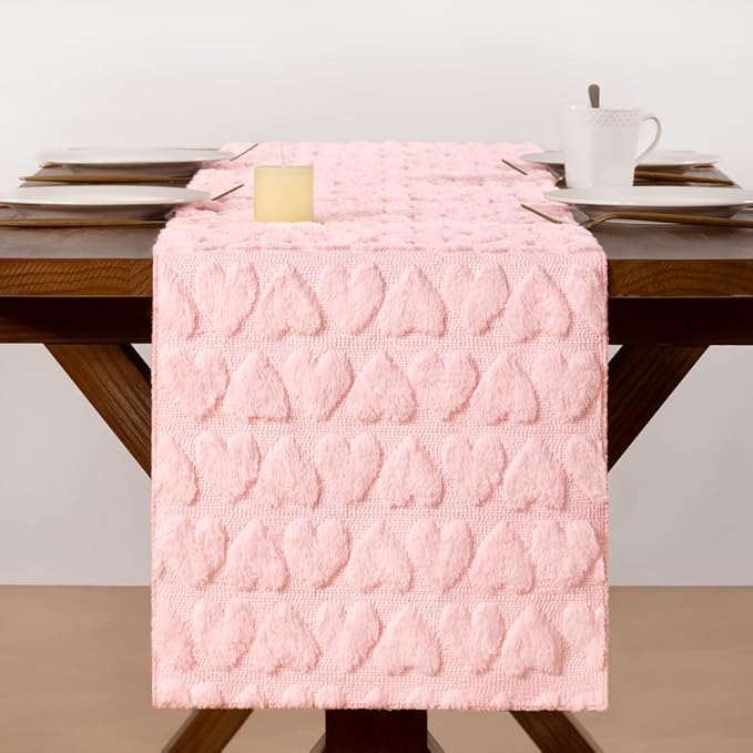 Socomi Pink Heart Valentine's Day Romantic Plush Faux Fur Jacquard Table Runner for Holiday Kitchen Dining Table Decoration Home Party Decor 13x72 Inch