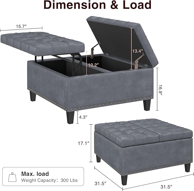 Square Leather Ottoman with Storage, Faux Leather Coffee Table with Lift Top,Large Upholstered Footrest Stool Toy Box Storage Bench for Bedroom Living Room, Grey