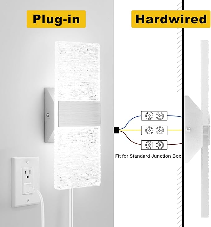 Plug in Wall Sconces with Adjustable 3000K-6500K Colors & 10%-100% Brightness, Sconces Wall Decor Set of 2 with Remote Control, 12W Acrylic LED Plug in Wall Light (1 Pack, Corrugated Finish)