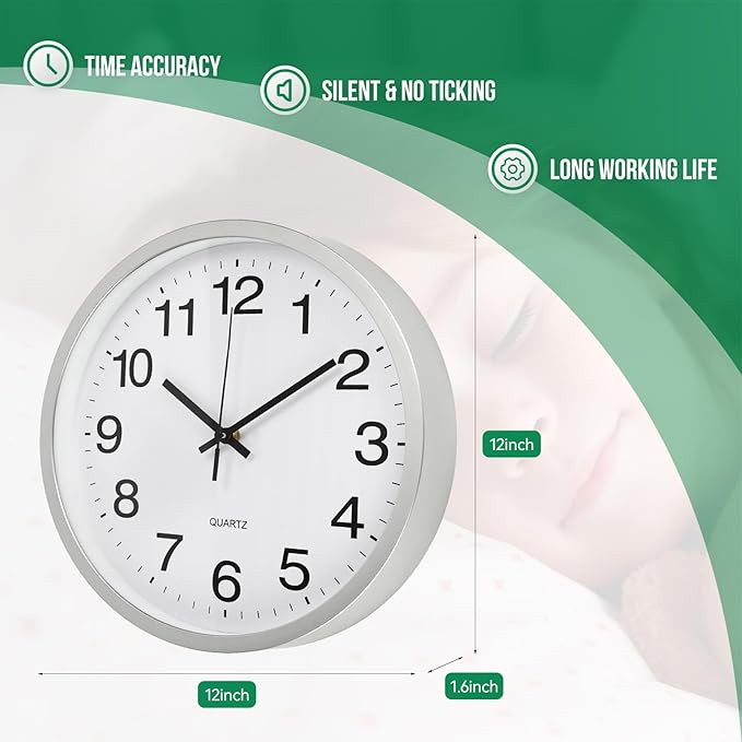 Wall Clock Modern Simple Style Round Plastic Decor Clock Non-Ticking Silent Quartz Movement Wall Clocks for Home/Office/School/Living Room/Bedroom/Kitchen (Silver, 12 Inch)