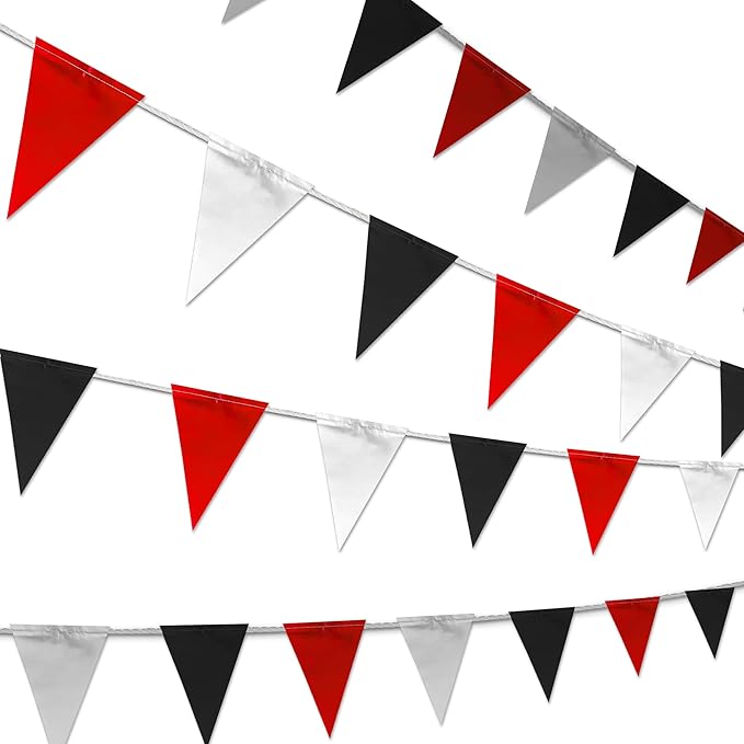 Red & White & Black Pennant Banner Flags | OSHA 500lb Rated | Strand Fade Resistant 【102FT】