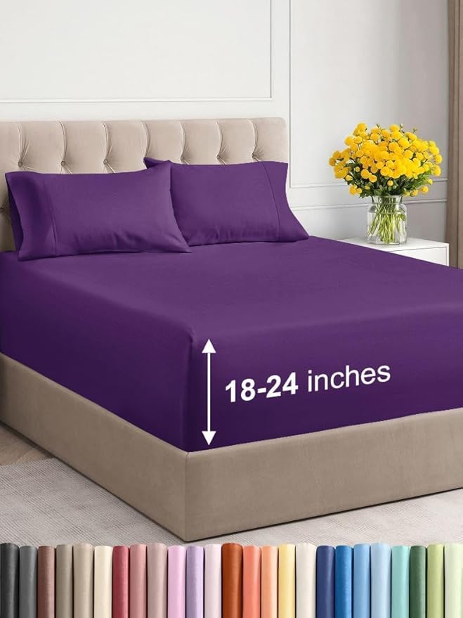 Extra Deep Twin Sheet Set - 4 Piece Breathable and Cooling Sheets - Hotel Luxury Bed Sheets Set - Easy & Secure Fit - Soft, Wrinkle Free and Comfy Sheets Set - Purple Sheet Set with Extra Deep Pockets
