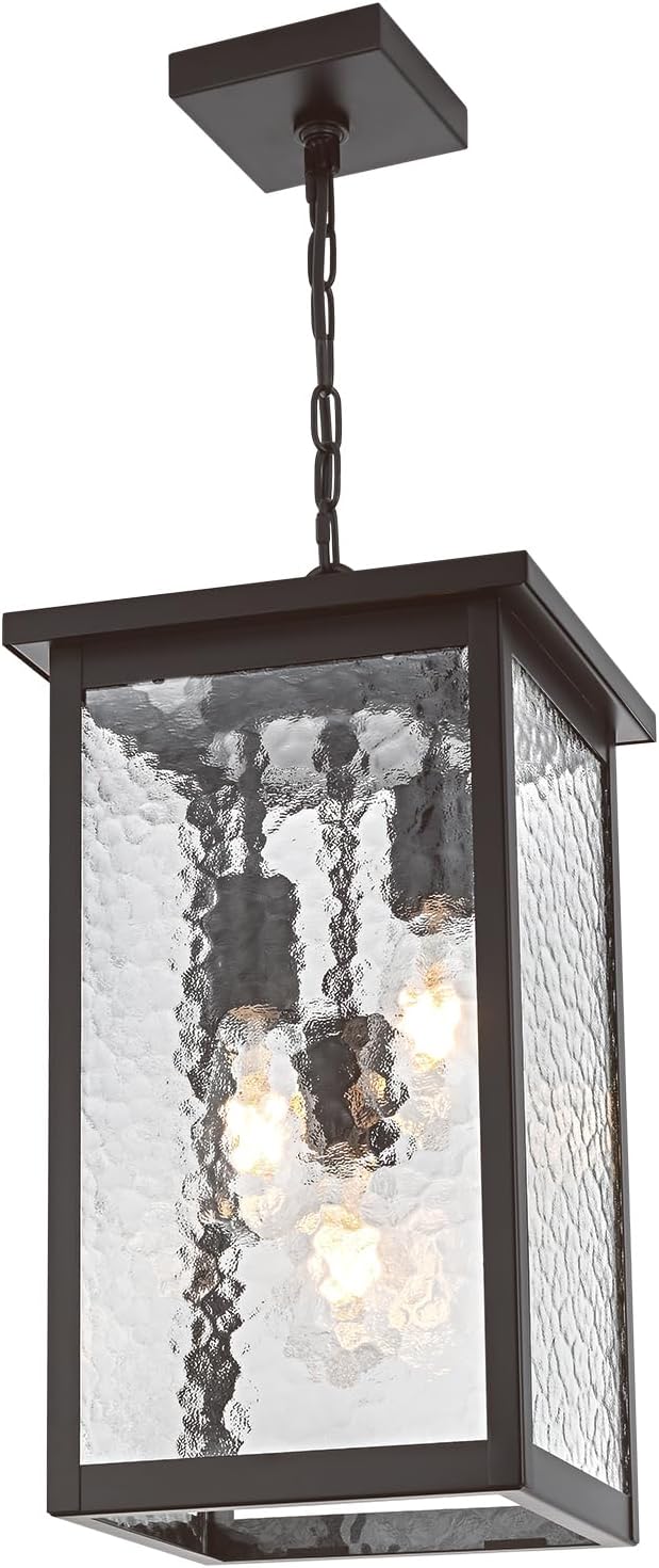 17'' Large Outdoor Indoor Pendant Light 3-Lights, Modern Black and Brushed Brass Exterior Hanging Porch Pendant Light with Hammer Glass, Outdoor Ceiling Lights for Front Entryway Gazebo Patio