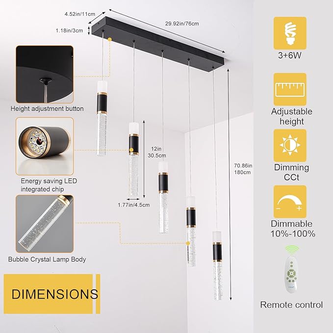 Pendant Light Fixtures, 5-Light Pendant Lights Kitchen Island,Modern Led Pendant Light Kitchen Island Lighting Dimmable with Remote