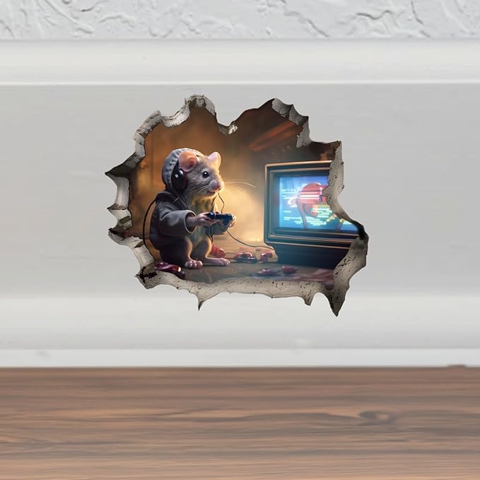 Mouse Playing Video Games Hole in Wall Sticker - Funny Hole in Wall 3D Peel and Stick Sticker Decal for Teen Dorm - Premium Quality Vinyl Stickers 2-Pack | 5-Inch on Widest Side | Made in USA FHJ1385