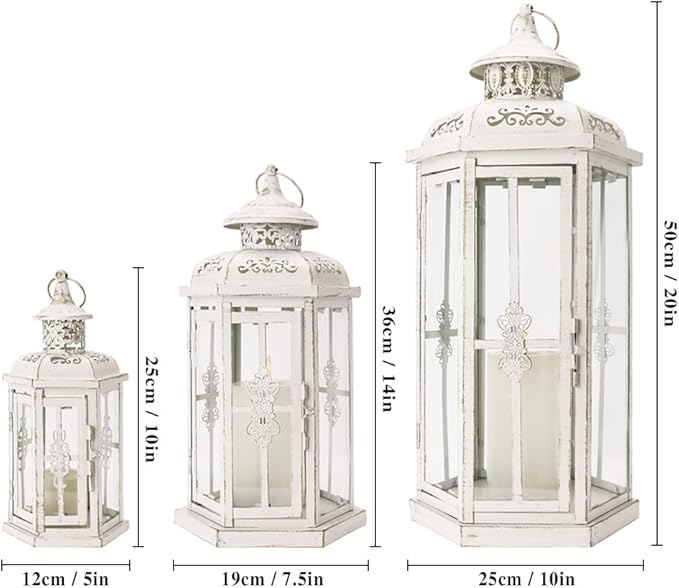 JHY DESIGN Set of 3 Decorative Candle Lanterns 20''&14"&10" H Outdoor Candle Lanterns Vintage Metal Cand leholder for Indoor Outdoor, Events, Parities and Weddings(White with Gold Brush)