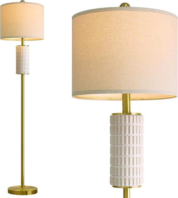 PoKat Gold Ceramic Floor Lamp for Living Room Bedroom, 64" Modern Standing Lamp with Rotary Switch, Tall Living Room Lamp Decor for Reading Corner, Home Office, Nursery, Brushed Gold