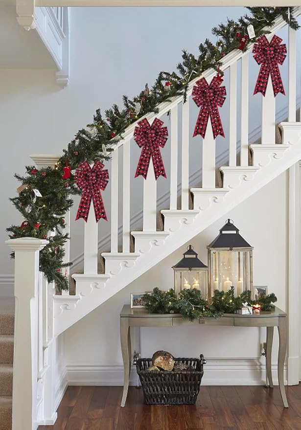 2pcs Christmas Wreath Bows Christmas Bows Snowflake Red Black Plaid Burlap Bows for Wreaths, Christmas Ribbon Bows Tree Topper Bows for New Year Home Indoor Outdoor Decoration Wreath Ornament Supplies