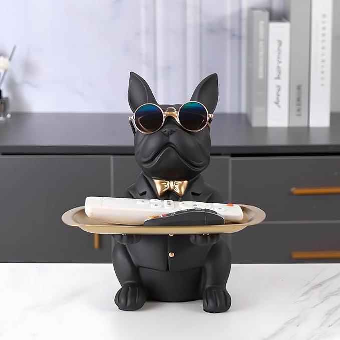 Bulldog Tray Statue, Sitting Bulldog Candy Dish Key Holder Bowl, Bulldog Accessories, Resin Statues for Office Desk Home Decor Figurines Entryway Table Decor (Black)