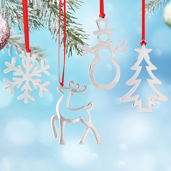Set of 6 Christmas Hanging Ornaments,Silver Christmas Ornament for Xmas Tree Decor, Christmas Tree Ornament-Snowflake Reindeer Snowman Christmas Tree Ornament Gift (6, Mixed Set)