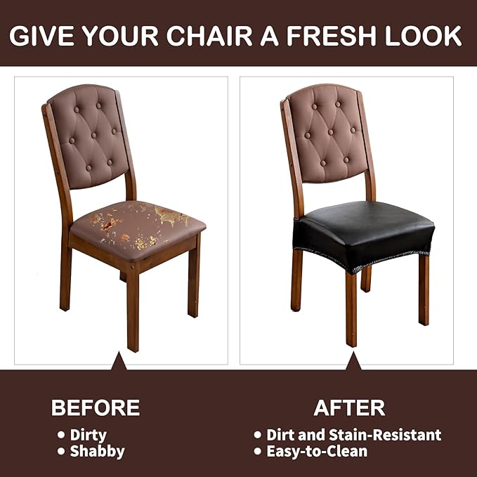 Waterproof Seat Covers for Dining Room Chairs Set of 2 - PU Leather Removable Washable Chair Seat Slipcovers, Rear Covers (Black)