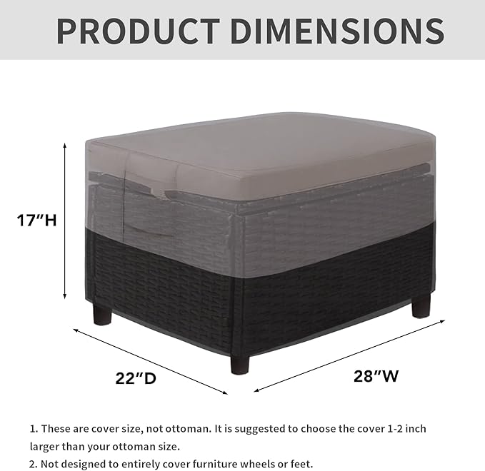 Easy-Going Outdoor Ottoman Cover, Waterproof Patio Ottoman Cover, Heavy Duty Outdoor Furniture Cover with Padded Handles (28"x22"x17", Gray/Black)