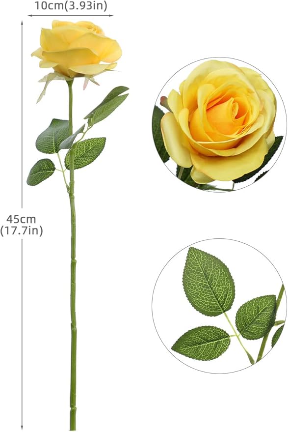 Artificial Rose Flower Artificial Flowers Flower with Long Stem Silk Roses Bouquet for Wedding Bridal Shower Party Home Decoration (Yellow, 12 Pcs)