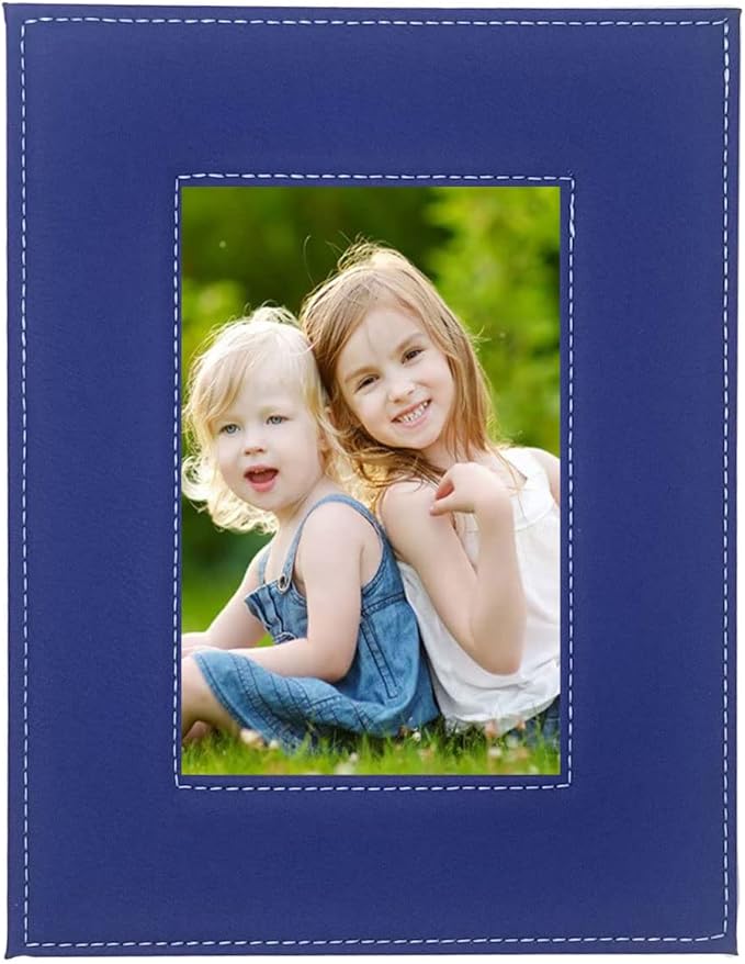 Personalized Add Your Custom Text Engraved Leatherette Faux Leather Hanging/Tabletop Personalized Group Family Photo Picture Frame (Blue, 5x7-inch Vertical)