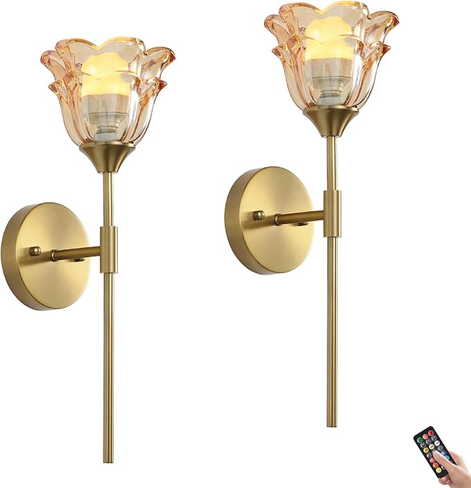 2 Pack Battery Operated Wall Sconce with Amber Glass Shades, Wireless Rechargeable RGB Wall Light with Remote Control, for Bedroom Mirror Living Room, ETL Listed