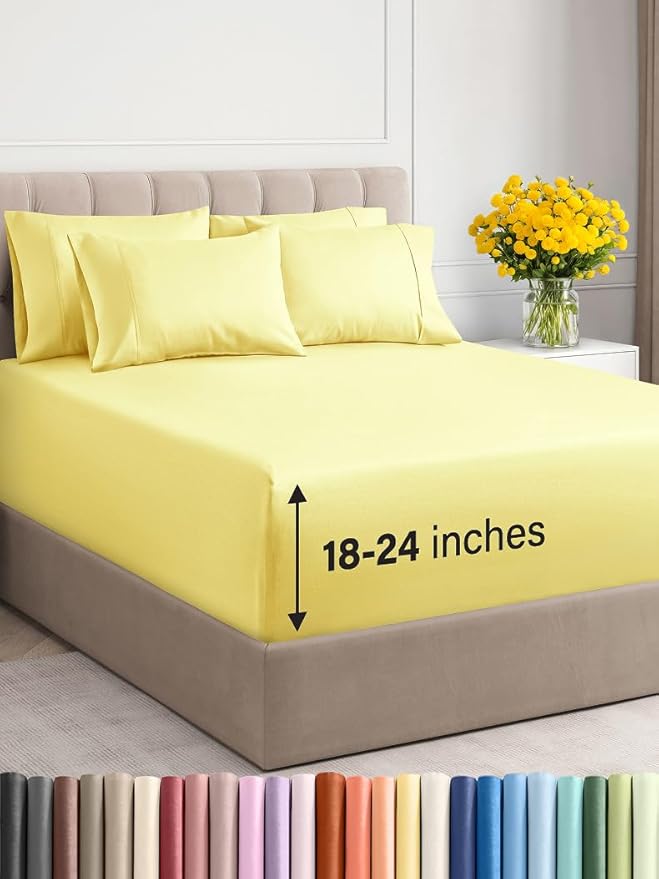 Extra Deep King Sheet Set - 6 Piece Breathable and Cooling Sheets - Hotel Luxury Bed Sheets Set - Easy & Secure Fit - Soft, Wrinkle Free and Comfy Sheets Set - Yellow Sheet Set with Extra Deep Pockets