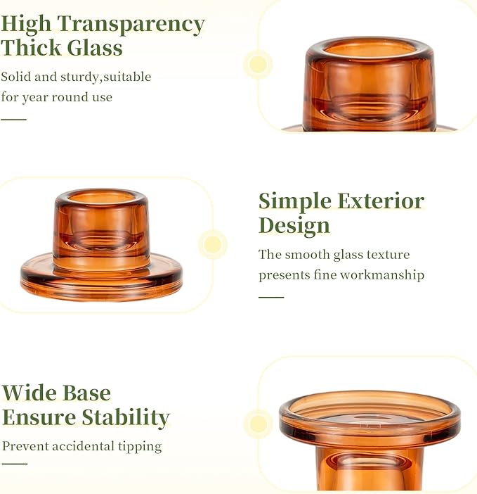 Glasseam Glass Taper Candle Holders: 10Pcs Small Tapered Candlestick Holders Bulk Short Amber Short Candle Sticks Holder Decor for Table Centerpiece Vintage Thanksgiving Christmas Fall Dinner Party