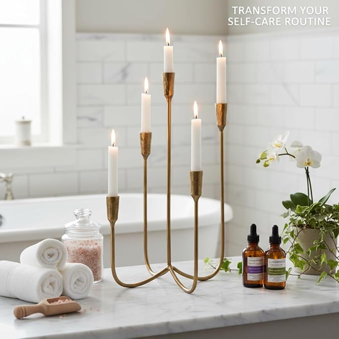 Candelabra for 5 Taper Candles – Hand-Forged Candle Holder with Elegant Vintage Finish – Decorative Centerpiece for Dining Room, Living Room or Mantel Decor（Brass Color-Straight）