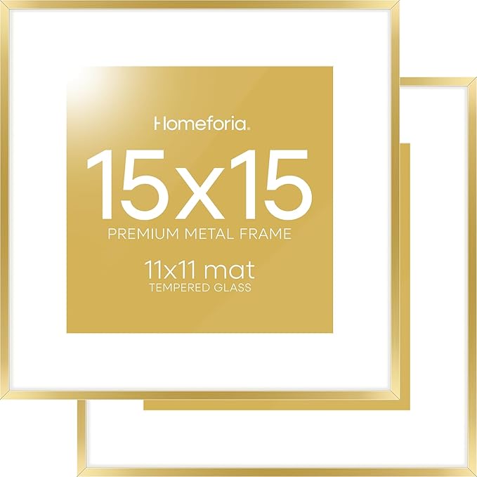 Homeforia 15x15 Picture Frame Gold, High End Metal 15 x 15 Square Poster Frame with Mat 11 x 11 Photo, 15x15 Frame Matted to 11x11 Print, 15by15 Gold Hanging Frames, Tempered Glass, Wall Kit, Set of 2