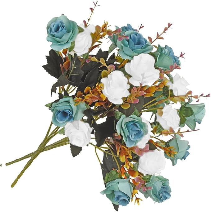 4 Bunches of Artificial Roses. 48 Small Roses. Plastic Silk Flower .Suitable for Plant Decoration of Family Hotel Wedding Christmas.（Peacock Blue）