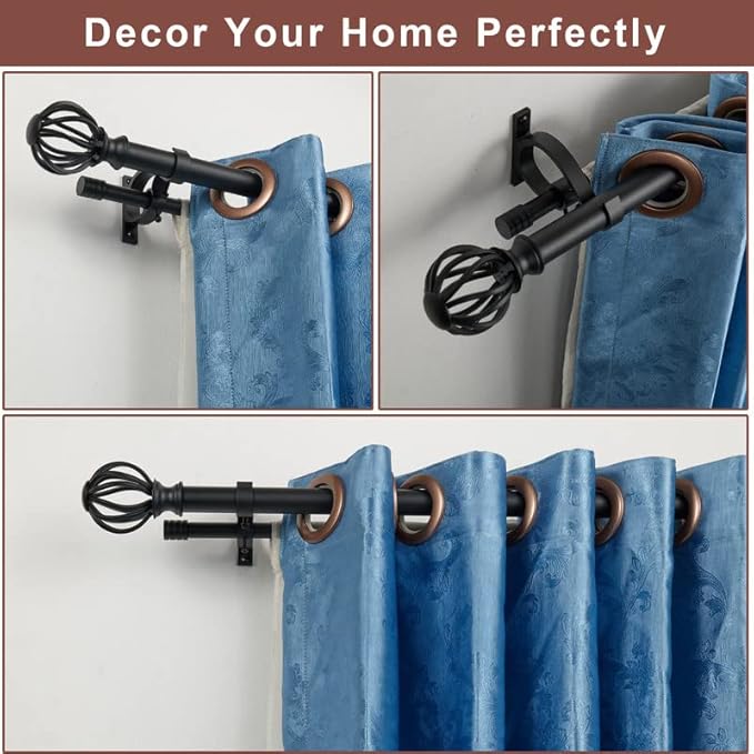 Double Curtain Rods for Window 72-144", Matte Black Double Curtain Rods with Round Cage & Barrel Finials, 1-Inch Front and 5/8 Inch Back Double Drapery Rod