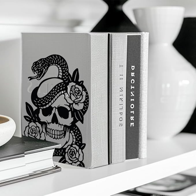 Peacoblue Metal Bookends for Shelves, Modern Decorative Heavy Duty Study Book Support Stoppers for Office, Desk, Shelf, Room 5.3"x4.3"x6.7" Cast Iron Simple Tall Bookends, 1 Pair (Skulls and Snakes)