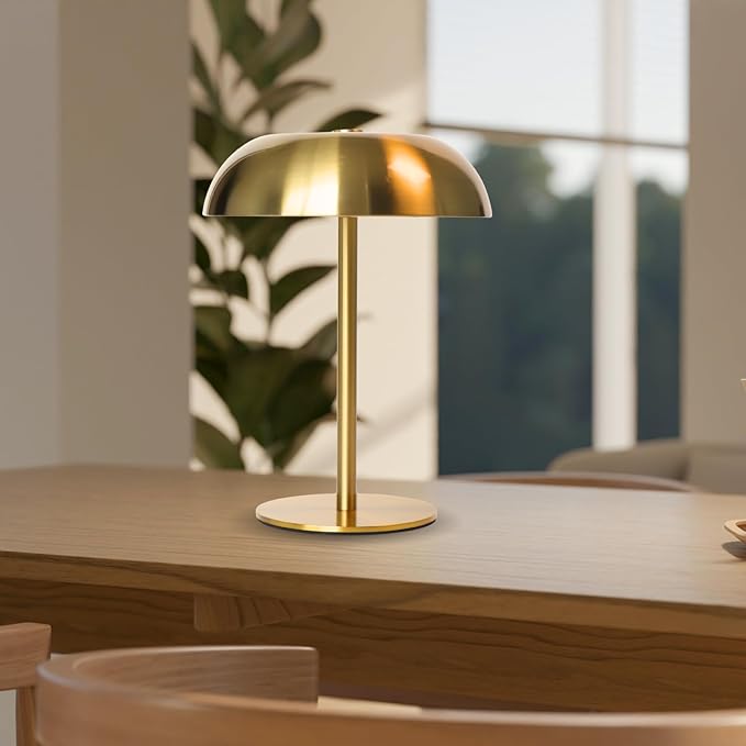 Portable LED Mushroom Table Lamp, Cordless Desk Night Light with 5200mAh Rechargeable Battery, Stepless Dimming Small Lamp with 3 Colors and Brightness Control for Bedroom/Patio/Bar/Coffee shop (Gold)