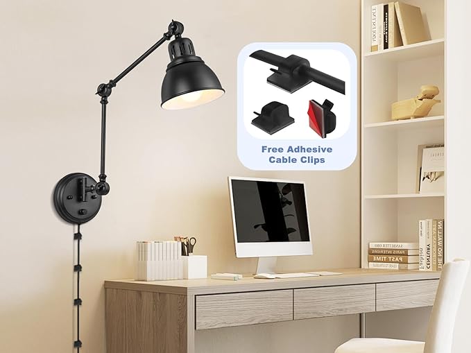 1 Pack Plug in Wall Sconce, Dimmable On Off Switch, Swing Arm Wall Lamp, Black Metal Industrial, Plug in Wall Light (Black, Without Bulb+Remote)