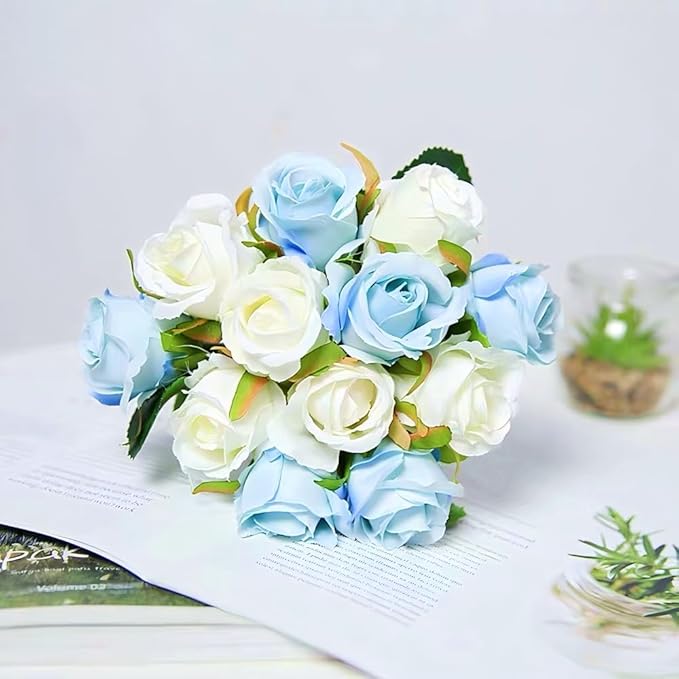 Jasion Artificial Roses Flowers 12 Heads Arrangement Silk Bouquet for Home Office Parties Bridal and Wedding Decoration (Blue and White)