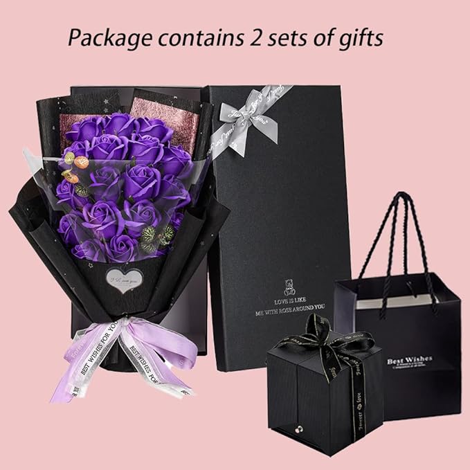 EIGHTOWN Roses Bouquet Artificial Flower - Preserved Purple Rose Flowers with Love Necklace for Her - Unique Gifts Valentine's Day, Mother's Day, Thanksgiving, Birthday, Anniversary