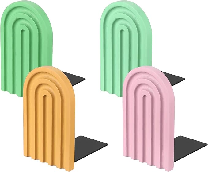 PATIKIL 4Pcs Boho Arch Bookends, Non-Skid Wood Book Ends Rainbow Wooden for Shelves Book Stopper Stand Cute for Holding Books Movie Home Office Library Decorative, Yellow/Pink/Green/Cyan