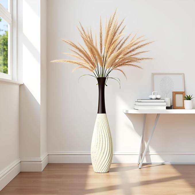 23.6 Inch Cream Tall White Vases – Brown Neck Teardrop Vase with Textured Vertical Lines & Speckled Finish, Decorative Floor Vase for Living Room, Wedding, Boho Home Decor – Resin Tall Vases