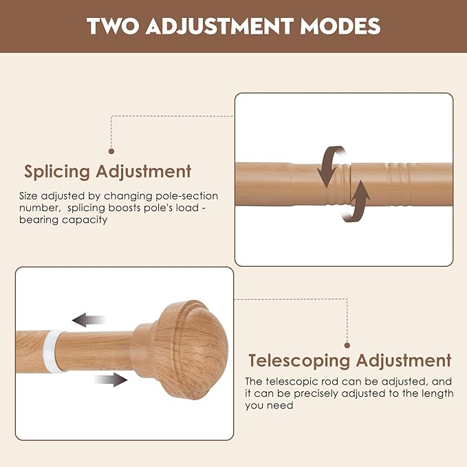Wood Curtain Rods for Windows 66 to 120, 1 inch Telescopic Adjustable Heavy Duty Curtain Rod with Adjustable Brackets, Easy Install & Modern Finials, Fits Various Room Styles, Wood color