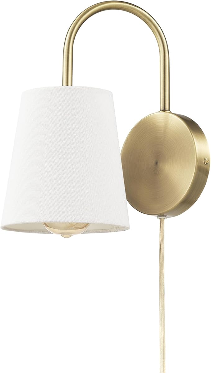 GLOBE Electric 65000053 1-Light Hardwire or Plug-in Wall Sconce, Matte Brass, White Textured Shade, Arched Arm, Lighting, Home Decor, Lights for Bedroom Plug in