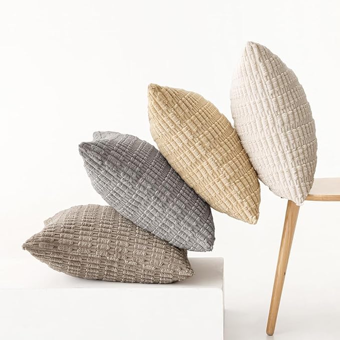 MIULEE Pack of 4 Neutral Decorative Throw Pillow Covers 16x16 Inch for Couch Sofa Living Room Bed Rustic Farmhouse Boho Corduroy Soft Striped Pillow Covers Home Decor