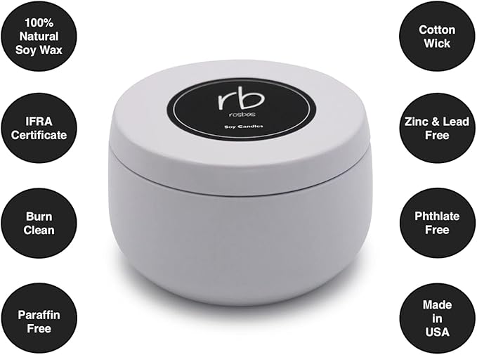 Rosbas Candle, Gardenia Scented, Natural Soy Wax, White Metallic Tin, 6 oz, Cotton Wick, Long Burn Time, Drawstring Cotton Bag, Non-Toxic, Handmade in The USA