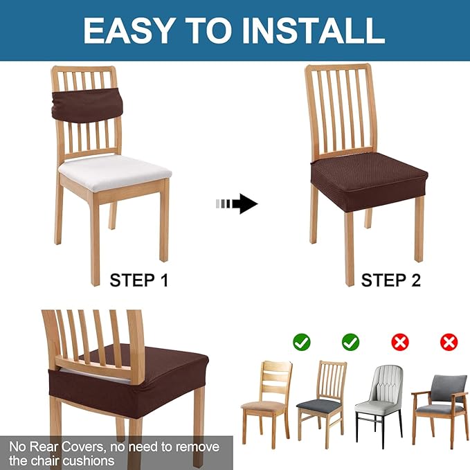 Smiry Waterproof Seat Covers for Dining Room Chairs Set of 8, Stretch Jacquard Removable Washable Chair Seat Slipcovers Protector, No Rear Covers, Light Chocolate