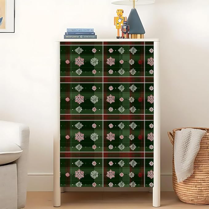 Christmas Plaid Removable Peel and Stick Wall Stickers 39.37x15.75 Inch Red White Snowflakes Green Tartan Modern for Bedroom Living Room Holiday Spaces Decor