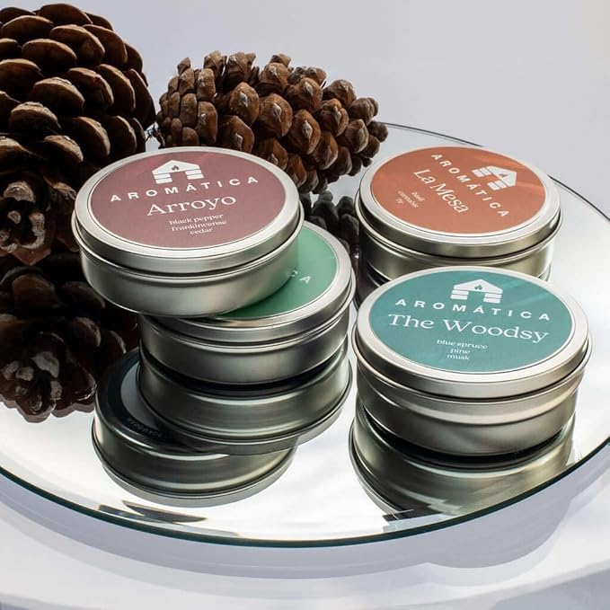 Bluecorn Aromática Scented Candle Sample Set, 7 Clean Burn Coconut Wax Tins, Mountain Lilac, White Lily, Paloma, The Woodsy, Artemisa, La Mesa & Arroyo, Small Candles for Home Decor & Gifts, 2.75 Oz