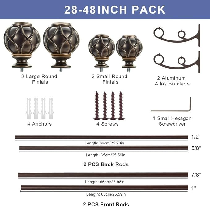 Antique Bronze Double Curtain Rods, 28 to 48 Inch, Decorative Drapery Rods with Classic Finials, Adjustable 1-Inch Front and 5/8 Inch Back