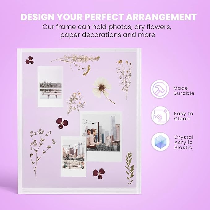 Elil Polaroid & Fujifilm Instax Frame – Clear Acrylic Floating Picture Frame 11.8" x 10.2" Holds 8x10 Photo or 12 Instax Mini Polaroid Go Prints Double-Sided Collage Display for Wedding, Pack of 2