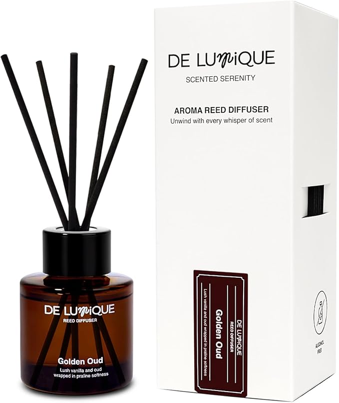 Golden Oud Reed Diffuser – Room Scent Diffuser with Essential Oils – Home Fragrance Diffuser – Long-Lasting Aroma with Oud, Vanilla & Damask Rose Oil Diffuser – 50ml