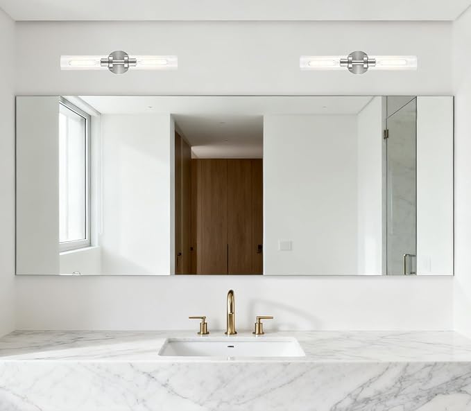 AT-VALY Wall Sconces Set of Two,Vanity Light Fixtures with Clear Glass,Modern Sconces Wall Decor for Bathroom, Living Room Mirror (Brushed Nickel)