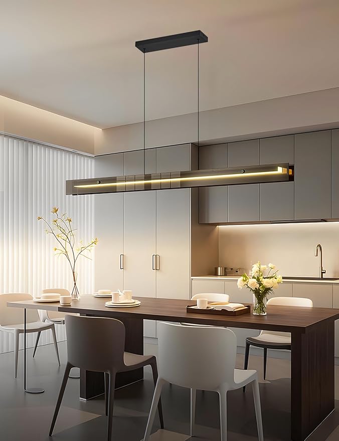 Glass Modern Black Linear Pendant Light - LED Hanging Kitchen Island Lights, Adjustable Dimmable Ceiling Fixtures, Minimalist Chandelier for Dining Room, Bar (74.8")