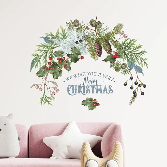 Christmas Wall Stickers Pine Cone Branches Green Plant Door Window Cling Decal Decals for Ornaments