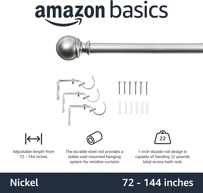 Amazon Basics Adjustable Curtain Rods for Windows, Round Finials, 1-Inch Rod, 72" to 144", Nickel, Pack of 1